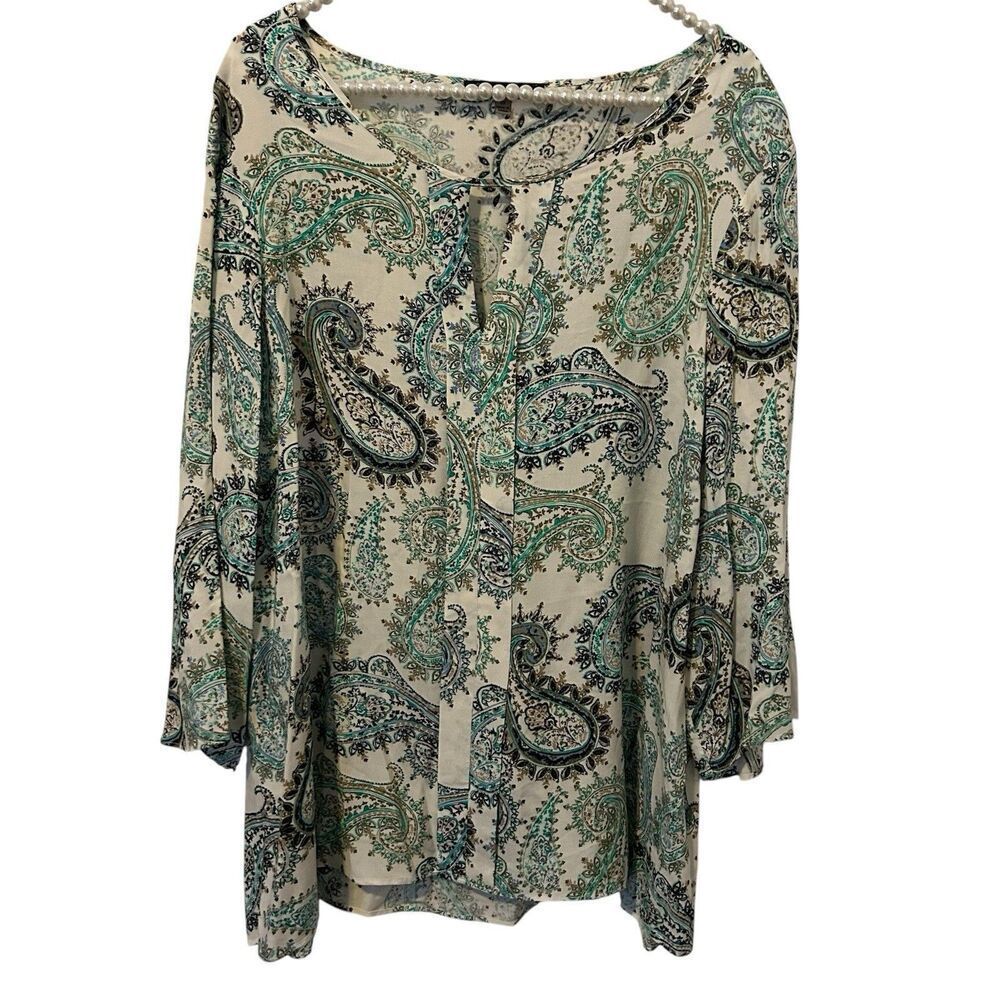 Rose & Olive Woman 2X Blouse Keyhole V Neck Paisley Pullover Artsy Boho Resort